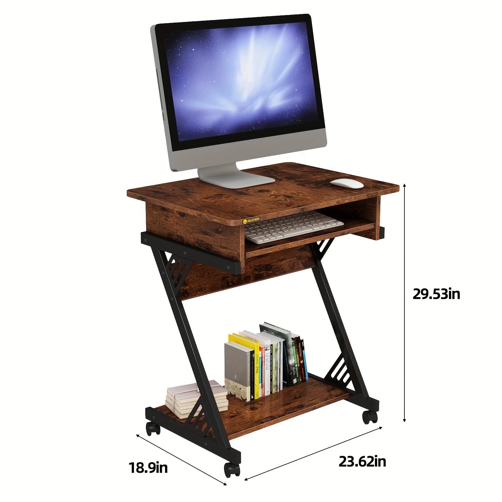YQ FUNLIS Computer Desk Workstation With Smooth Keyboard Tray, Z-Shaped Study Writing Desk For Small Spaces Compact Table For Home Office, Small Computer Cart Mobile Laptop Cart