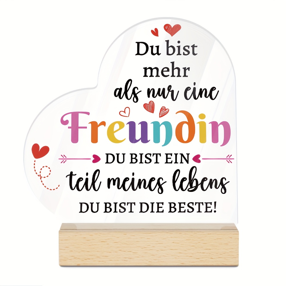 E-shop [2D Flach] Putuo Dekor 1 Stück Deutsches Herzförmiges Acryl-Schild mit Holzbasis für Tischdekoration, "Du bist mehr als nur ein Freund, du bist
