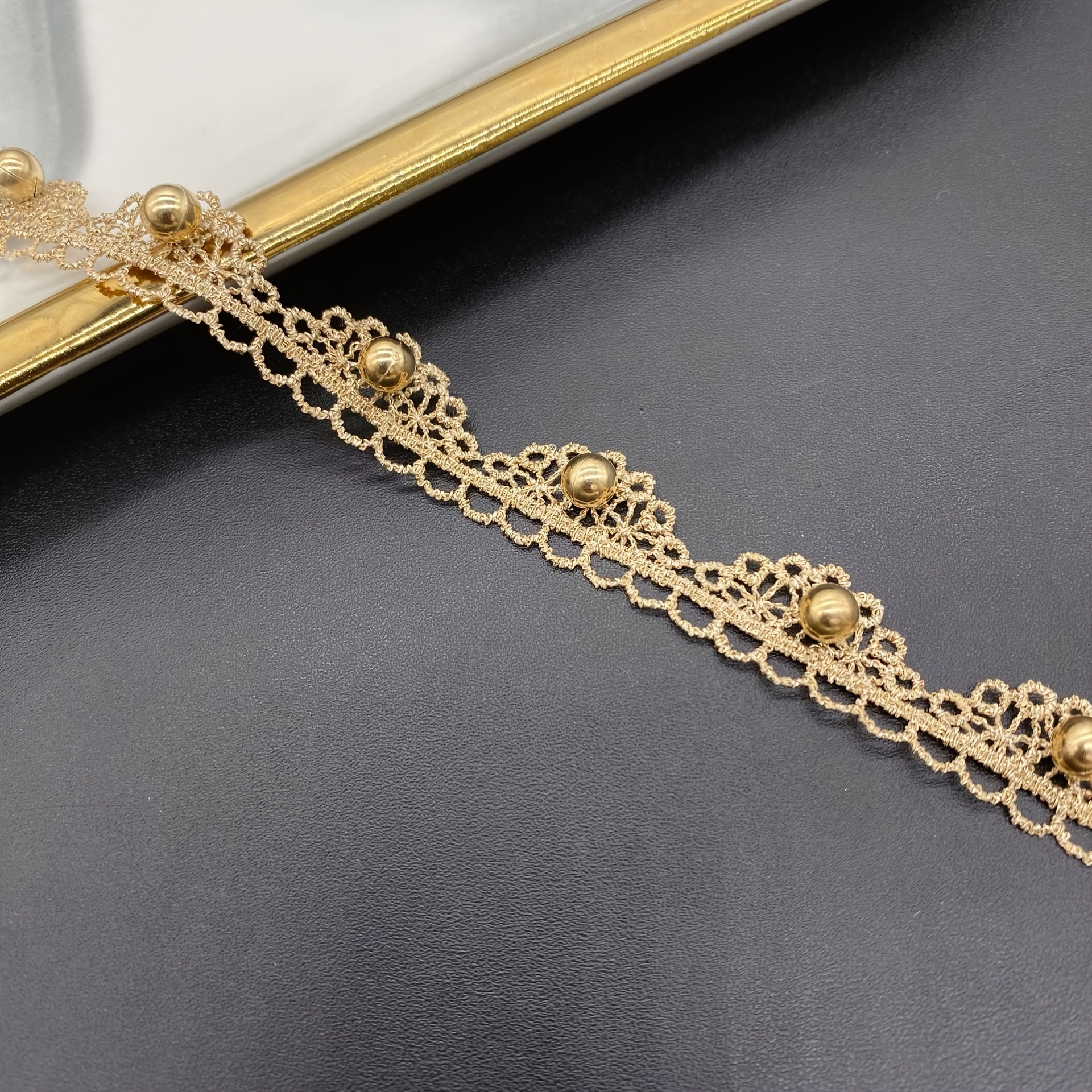 TEMU 1 Yard Golden Beaded Lace Trim With Intricate Floral Embroidery - Premium Fabric Material For Diy Crafts, Clothing & Home Decor Embellishment,