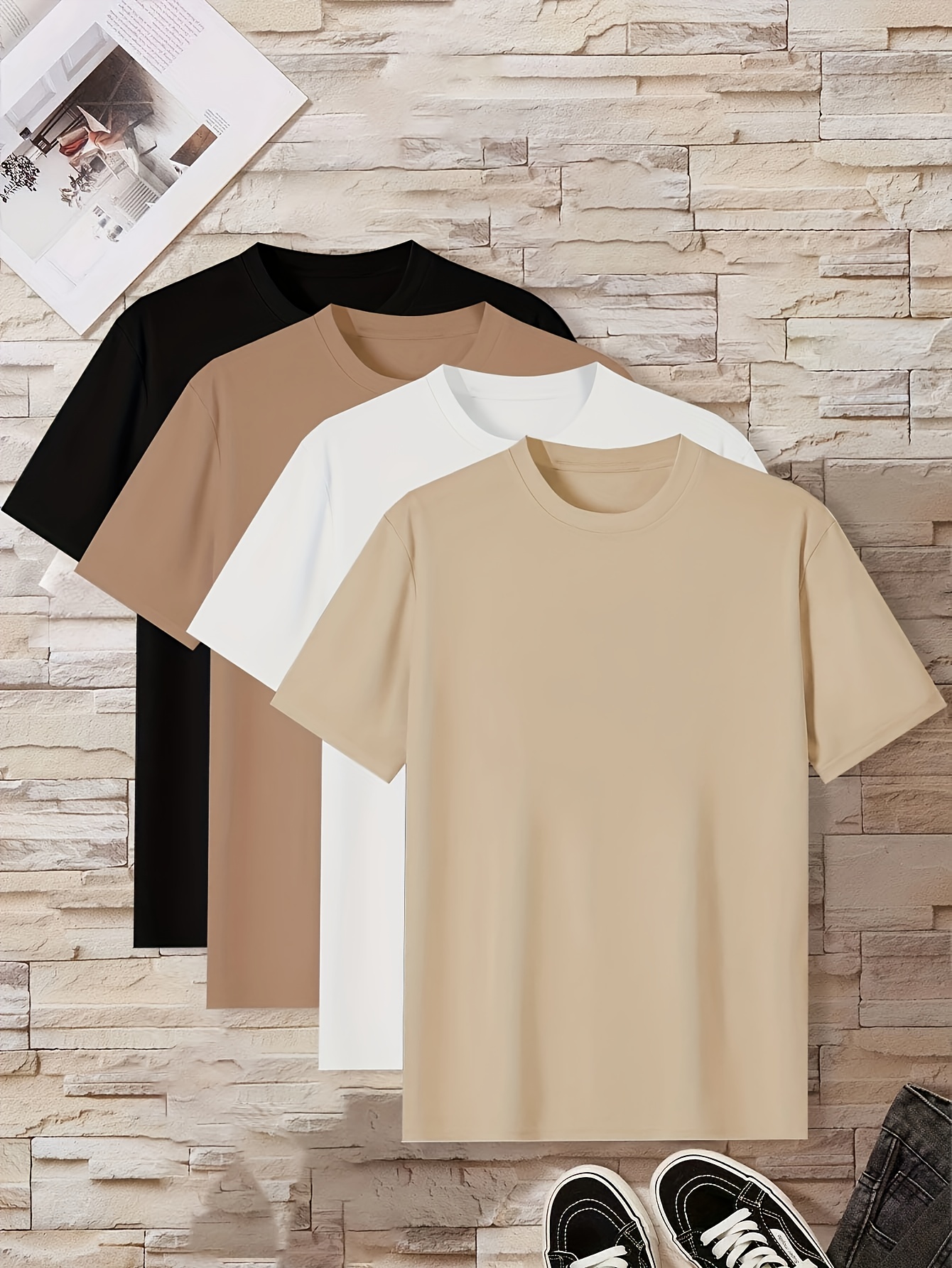 men' style solid color short sleeve t-shirt 4pcs set - men's