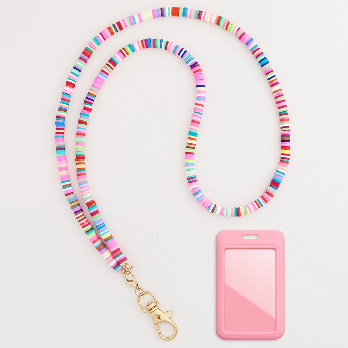 TEMU 1pc Colored Flat Silicone Beads Neck Lanyard For Id Badge Card Holder Keys And Keychain, With Pink Id Badge Card Holder, Cute Beads Teacher