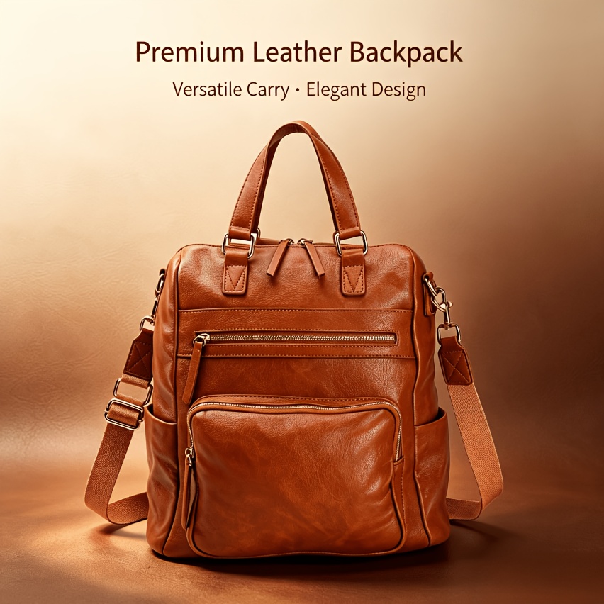 Image of Anti-theft Multi-pocket Convertible Rucksack, Soft Vegan Synthetic Leather Backpack Purse With Wide Adjustable Shoulder Straps, To Wear, Ladies Shoulder Bag For Daily Work Travel