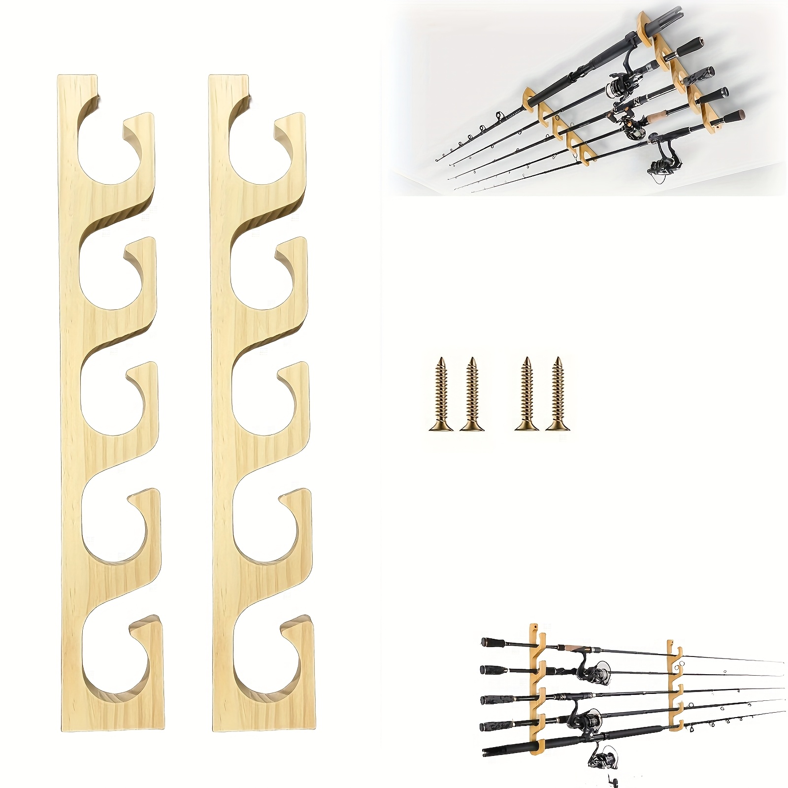 

2pcs Wooden Fishing Rod Holders - Wall/ceiling Mount, Vertical Or Horizontal Storage For 5 Rods