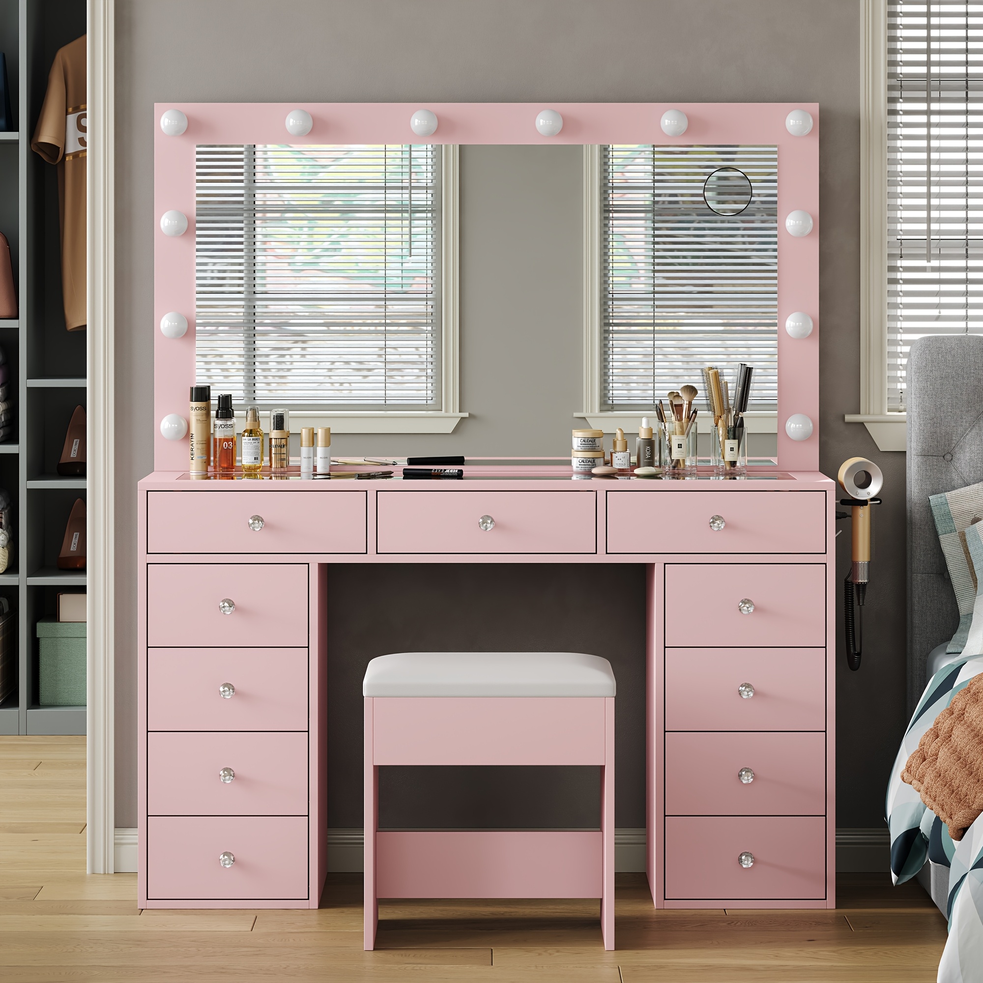 Dripex Coiffeuse avec 10 Boules Lumineuses LED et Prises, Coiffeuse avec Miroir et 2 vitrines Transparentes luxueuses avec RVB, Table de Dressing pour Chambre à Coucher, Blanche