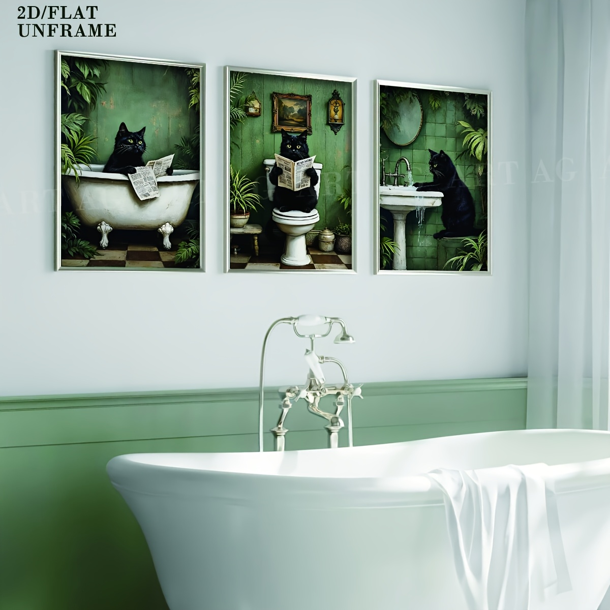 Quadro Su Tela Con Ghepardo, Giornale E Piante Tropicali - Stampa Per Bagno O Soggiorno - 30x38 Cm Pronto Da Appendere