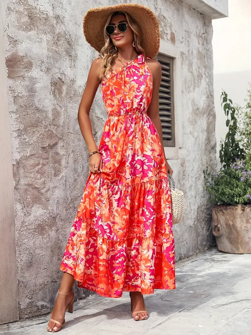 asymmetric beach dress Binienty Womens Summer Sleeveless Sundress with Plumeria Print, Asymmetric Midi Dress with Pockets for Beach Vacation Casual Wear, Women's, Size: