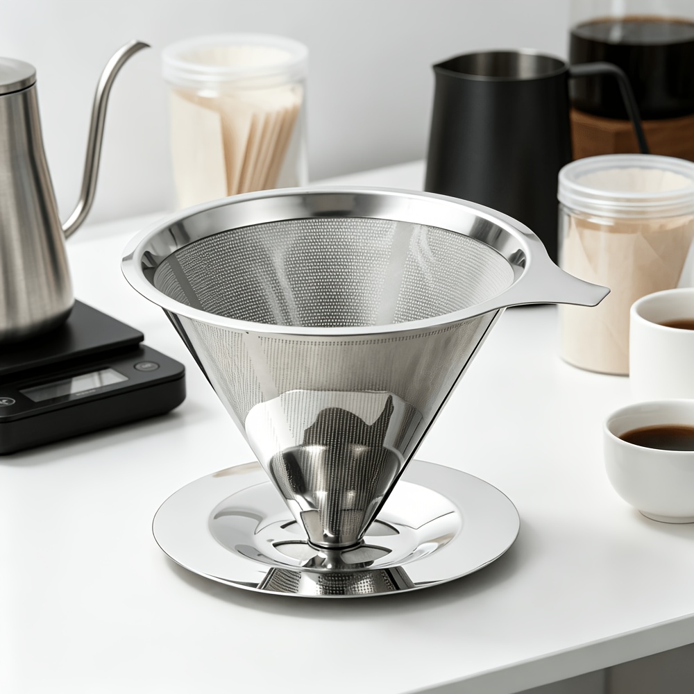 TEMU Stainless Steel Coffee Filter With Base, A Household Kitchen Coffee Brewing Tool Suitable For Pour-over Drip Coffee Making. Ideal For Office