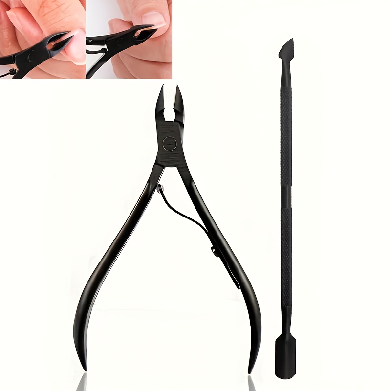 2pcs Black Stainless Steel Manicure Nail Art Tool Set With Sharp Jaw And Single , Nail Cuticle Pusher , Cutter Plier Scissor Dead Skin Remover, Handle For Men Women Seniors Use