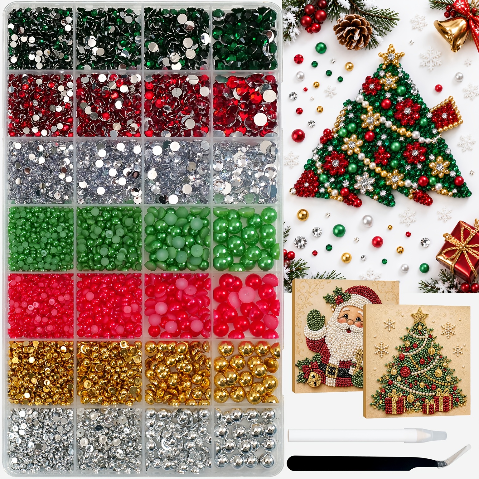 TEMU Kit de 16000 Strass et Décorations Scintillantes, Strass à Dos Plat et Demi-Ronds de Tailles Multiples Rouge, Vert, Doré, Argenté de Noël avec