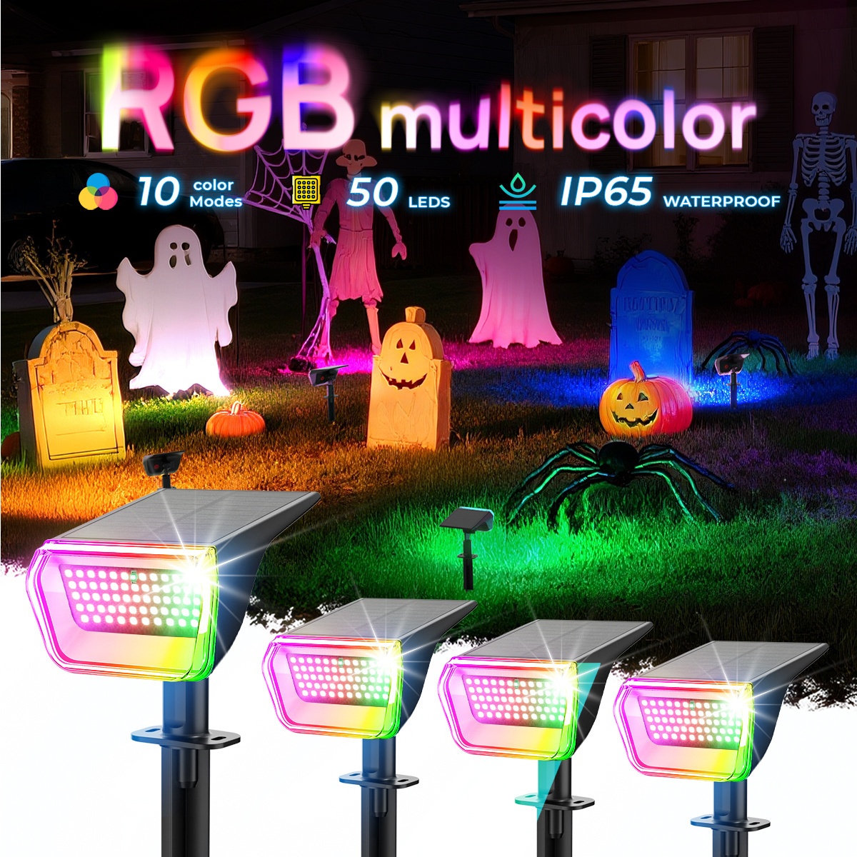 TEMU Syvio Solar Lights Outdoor, 2/4/6pack Multicolor Rgb Led Spotlights - 10 Lighting , Halloween Decorations, Ip65 Solar Color Changing Outdoor
