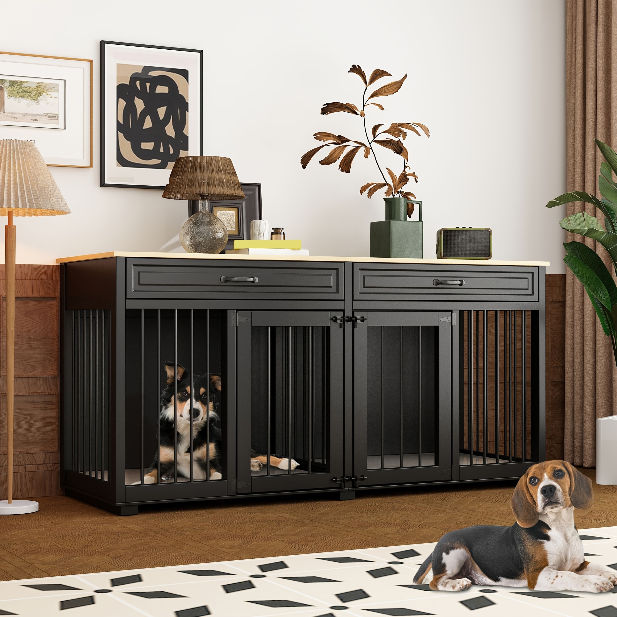 TEMU Large Dog Crate Furniture, Wooden Dog Crate Kennel With 2 Drawers And Divider, L Heavy Duty Dog Crates Cage Furniture For Medium Dog Small Dogs