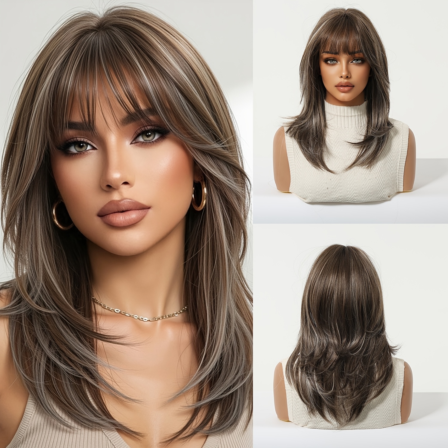 Image of 18-inch Deep Brown Hair Featuring White-golden Highlights, In Layers. It Has A , Is And -back, Making It Perfect For Any Event