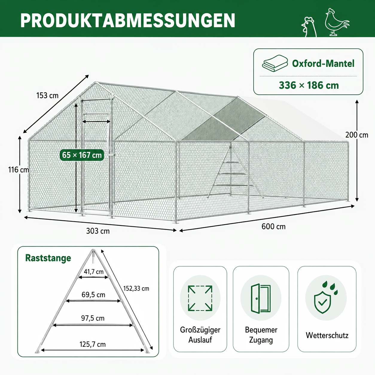 TEMU Pollaio 3 x 6 m Recinto Grande, Area di Scelta 18 m簡 con Struttura per Arrampicata, Telaio in Acciaio Zincato con Rete Rivestita in PVC, in PVC