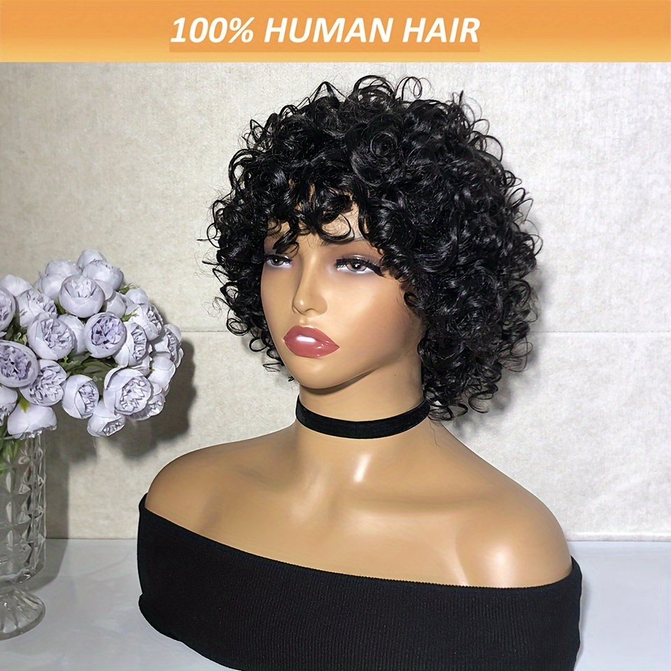

100% Human Hair Vietnamese Hair Short Machine Made Curly Pixie Wig Loose Curly Remy Human Hair Non-lace Wig Glueless Natural Color 8 Inch 250% Density For Women