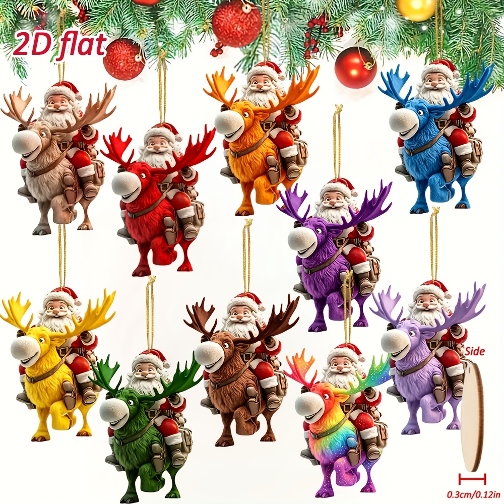 TEMU 2d Flat, [2d Flat] 10pcs Set Of Adorable Santa Claus Riding Reindeer Wooden Christmas Hanging Ornaments, Christmas Hanging Decor Set, Wooden