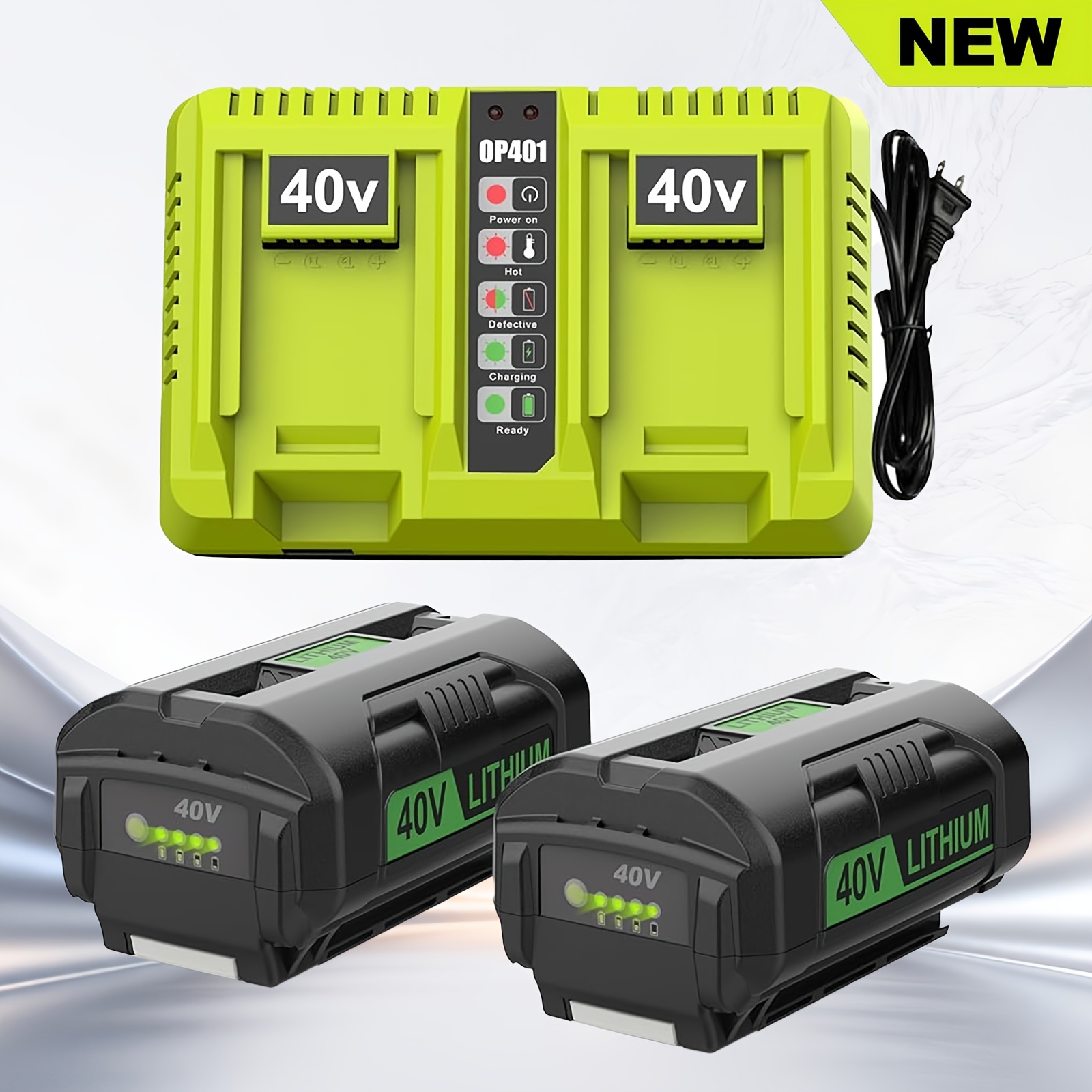TEMU Lot de 2 batteries de rechange 6,5 Ah pour Ryobi 40V OP4026 OP4030 0P4040 OP4050 OP4060, avec chargeur double port 40V pour outils électriques