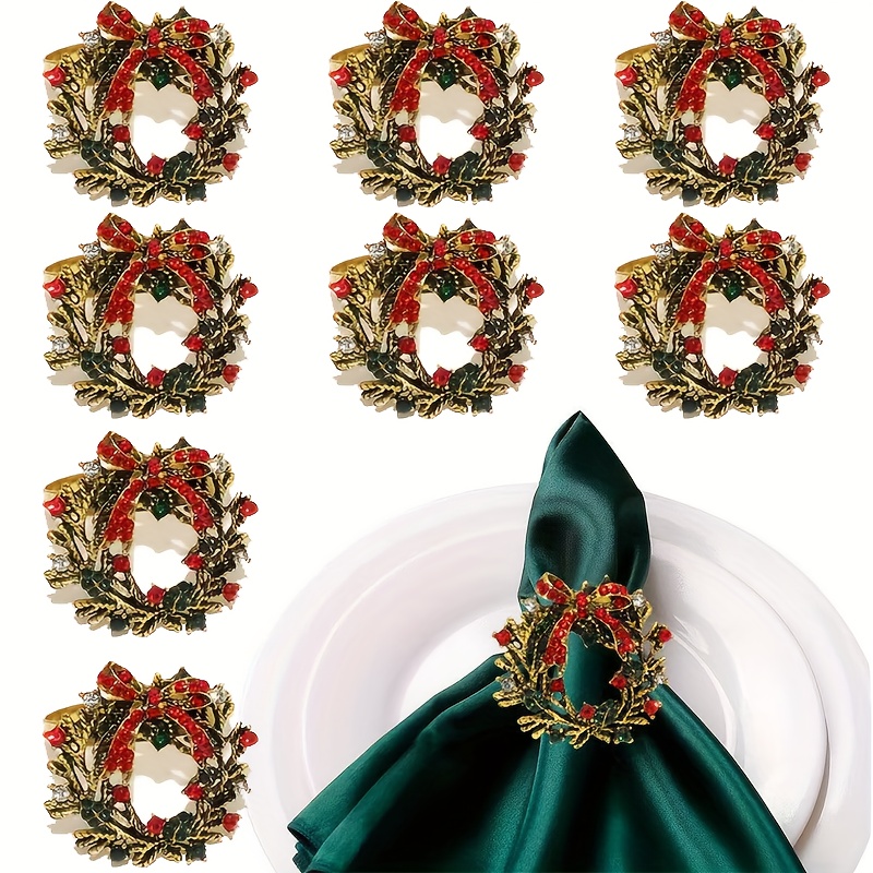 Image of 8pcs Set/christmas Colored Wreath-shaped Napkin Rings With Red - Irregular Rhinestone-embellished Napkin Rings, Christmas Table Decorations, Holiday Restaurant Table Centerpieces