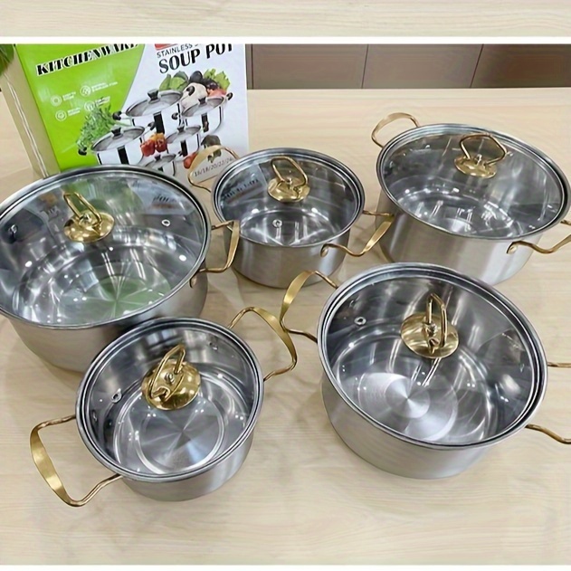   stainless steel cookware set with glass lid golden double handle pots for home dorm camping soup stew cooking kitchenware set dishwasher safe compatible with all stovetops details 15