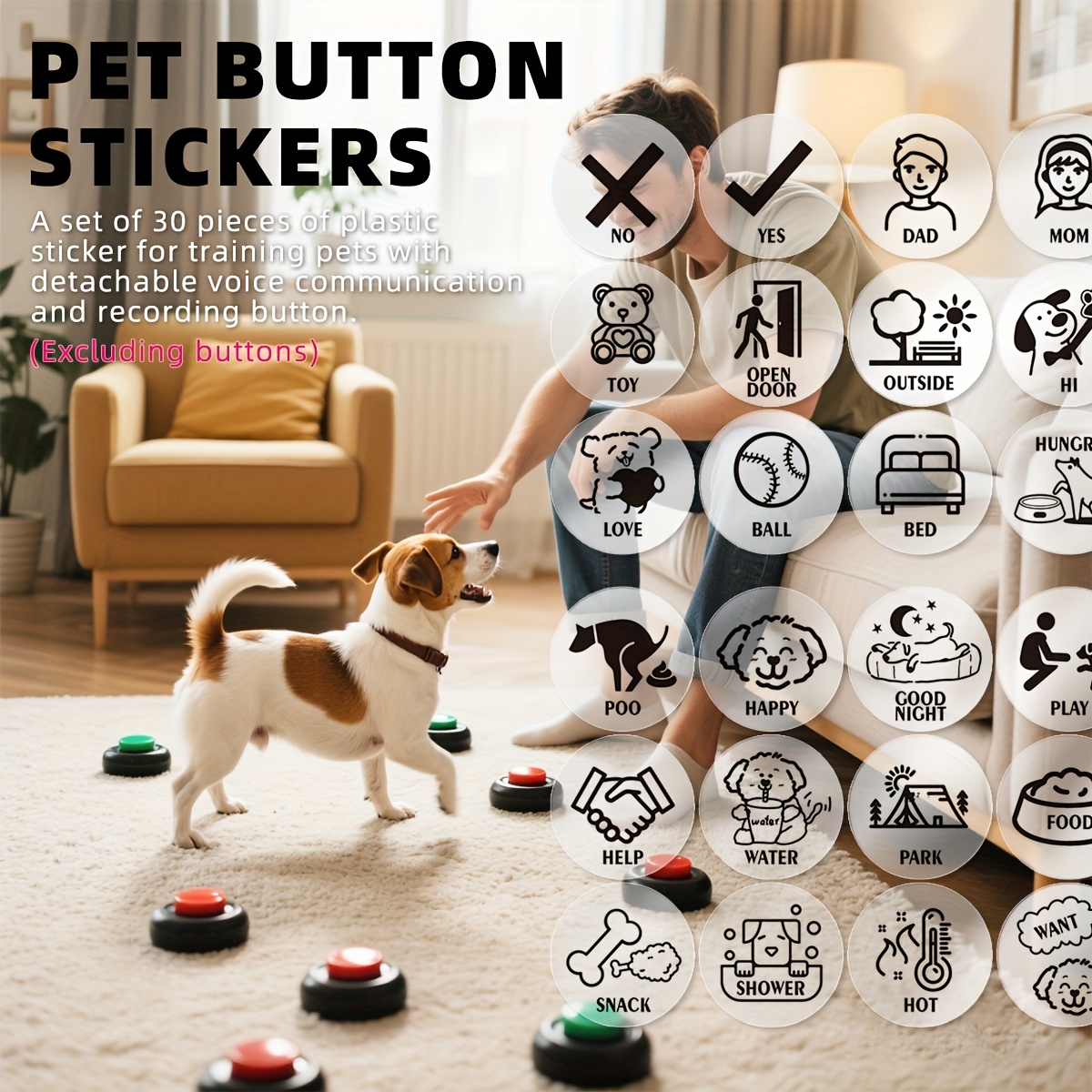 Dog Button Stickers For Communication, Voice Recordable, Training Pet Button, Detachable Plastic Sticker Set Of 30pcs (buttons Not Included)