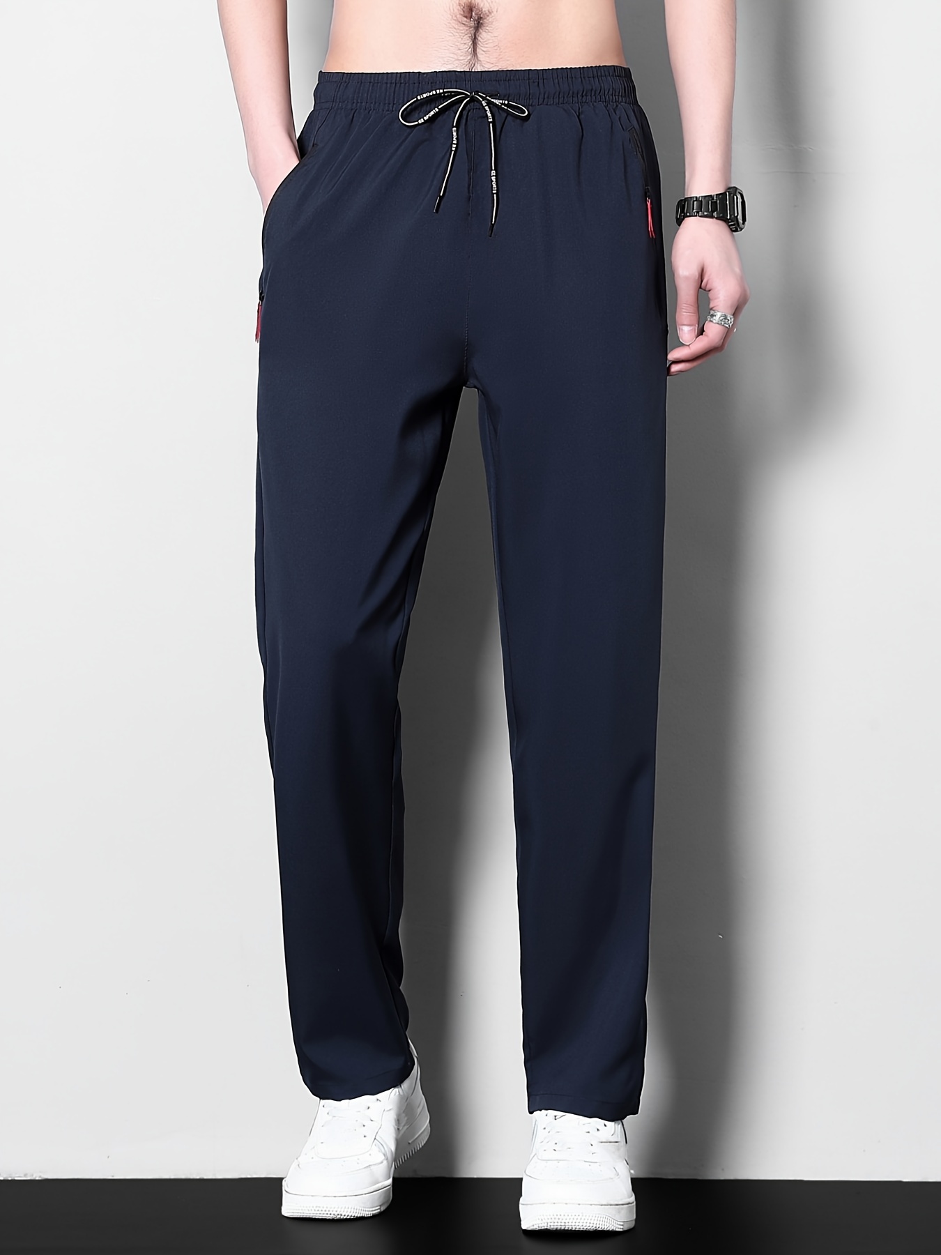 1pc Men'S Plus Size Casual Sports Pants, Polyester Stretch, Solid Color, Regular Fit, Zipper Detail, Spring/Summer Collection