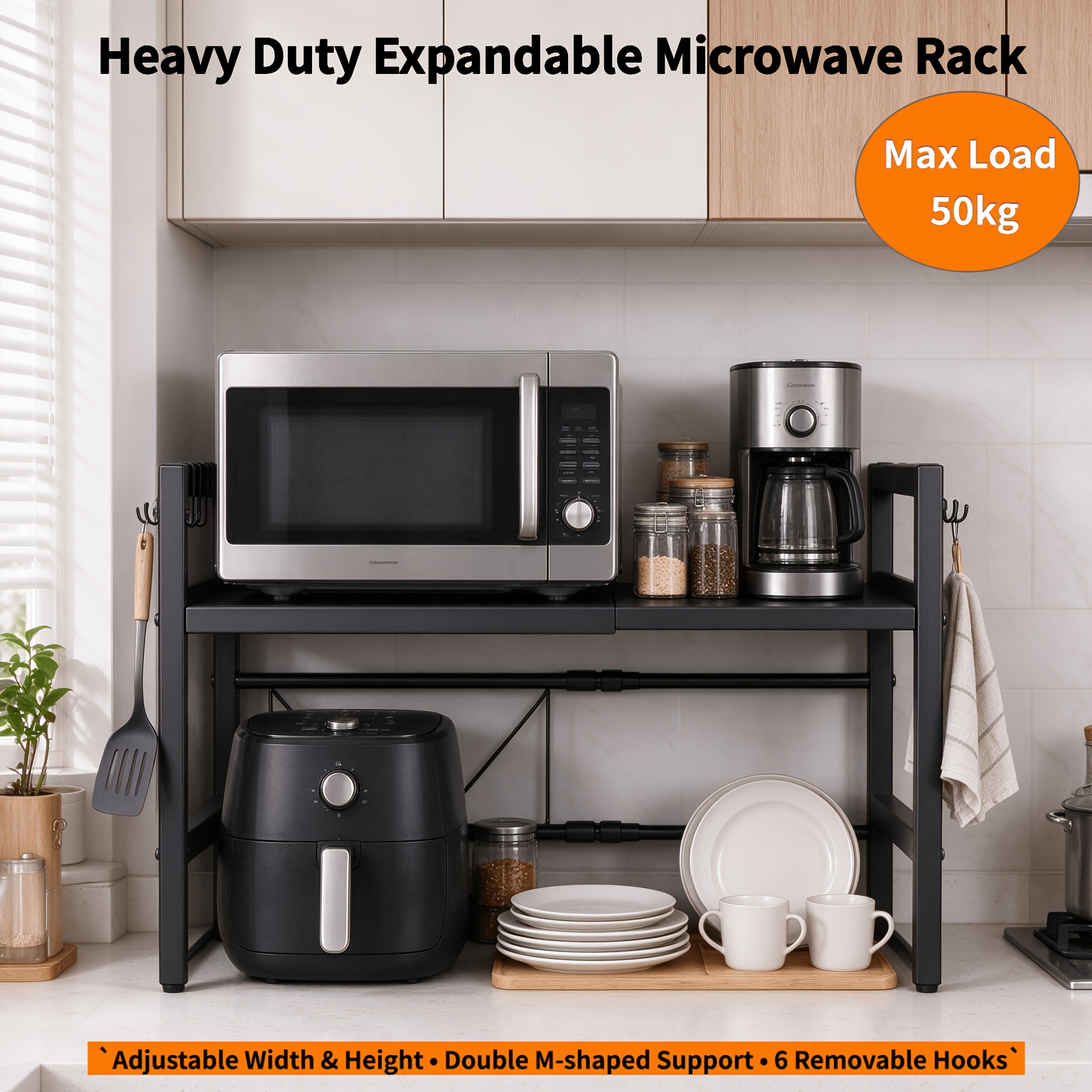TEMU Heavy Duty Expandable Microwave Rack, 50kg, 40-62cm Carbon Steel Countertop Shelf With Double Support & 6 Hooks, Sturdy Adjustable Kitchen