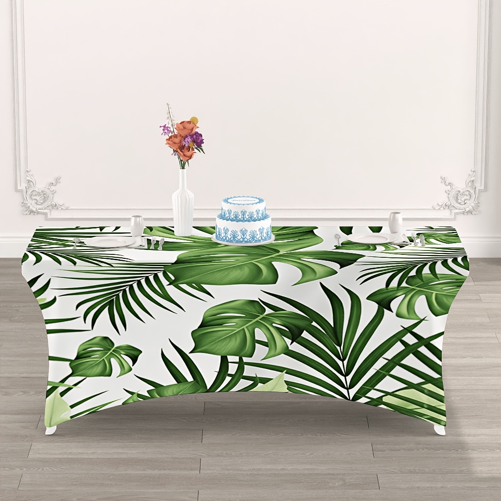 TEMU 2d Flat 1pc Leaf Pattern Full Coverage Elastic Tablecloth Rectangular Elastic Tablecloth, Machine Washable And Reusable, Suitable For Home