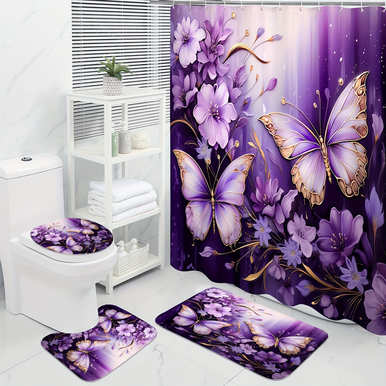 

4 Pcs Purple Red Floral Butterfly Bathroom Sets With Shower Curtain And Rugs, Modern Shower Curtain Sets With Rugs For Elegant Bathroom Decor, Chic Bathroom Sets With Rugs And Accessories