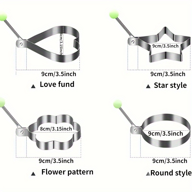 TEMU 4pcs Stainless Steel Egg Mold Set - Heart, Star, Flower, Round - Creative Breakfast Shaping Tool For Home Cooking