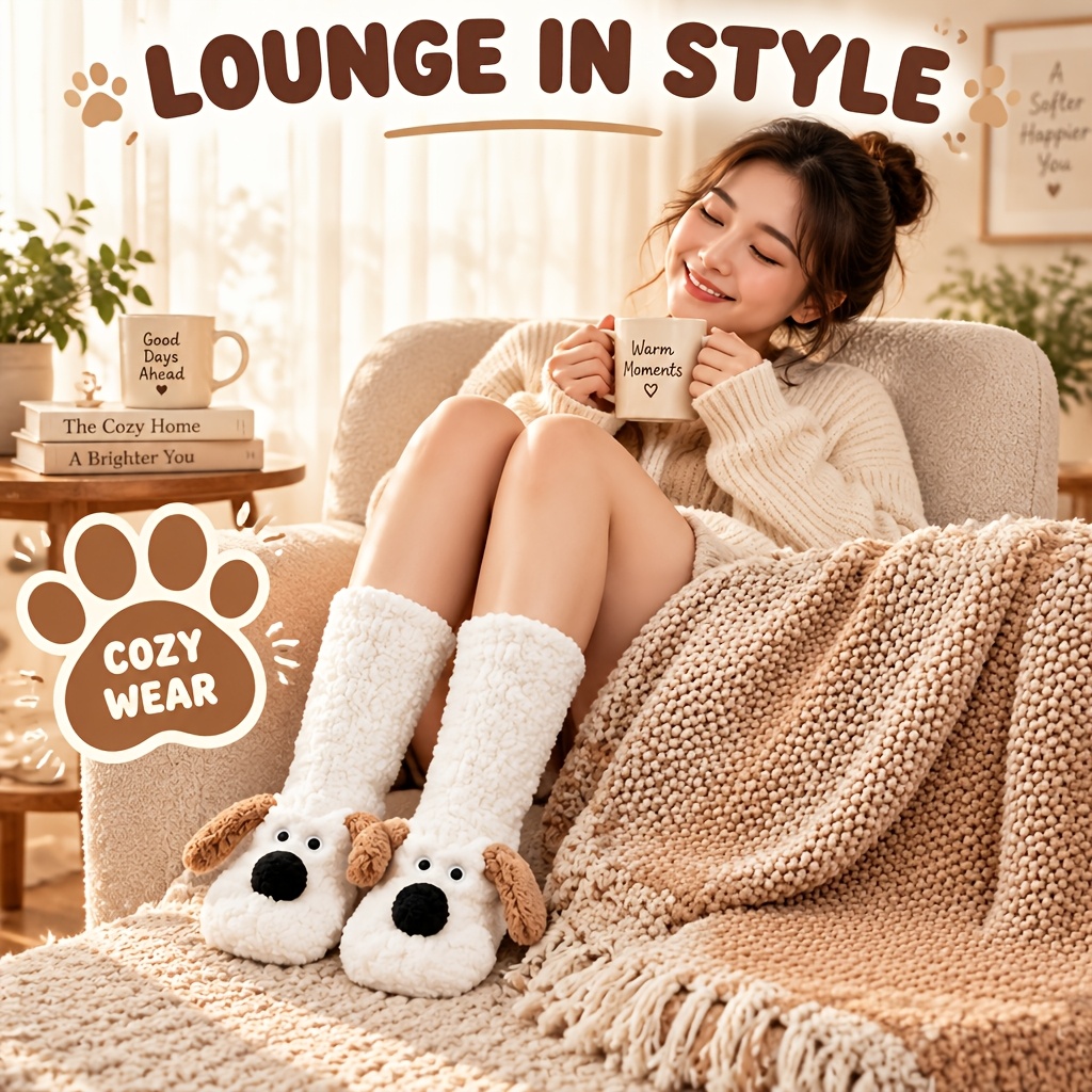 TEMU Cute Puppy Pattern Floor Socks, Black/khaki/white - Cartoon Animal Plush Socks, Super Soft Warm And Cozy Indoor Winter Casual Sleep Socks -