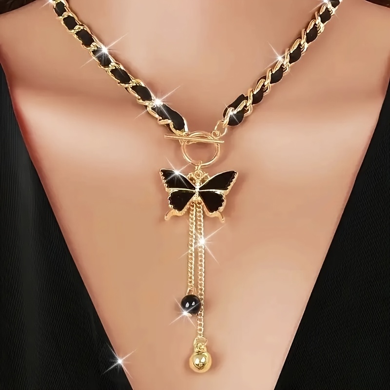 1pc Collar con Colgante de Mariposa Elegante y Cadena Dorada, & Detalles de Cuentas - Joyería Versátil para Mujeres para Uso Diario y Fiestas, Regalo de Aniversario y Día de San Valentín, Estilo Sensual, Destellos Brillantes