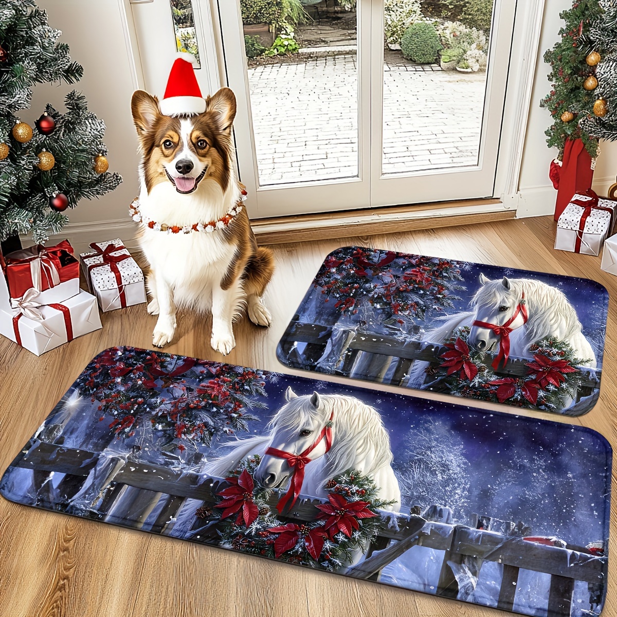 

Christmas Charm Door Mat With & Poinsettia - Non-slip, Machine Washable Rug For Indoor/outdoor Use, Rvs, Kitchens, And Bathrooms, Christmas Decor