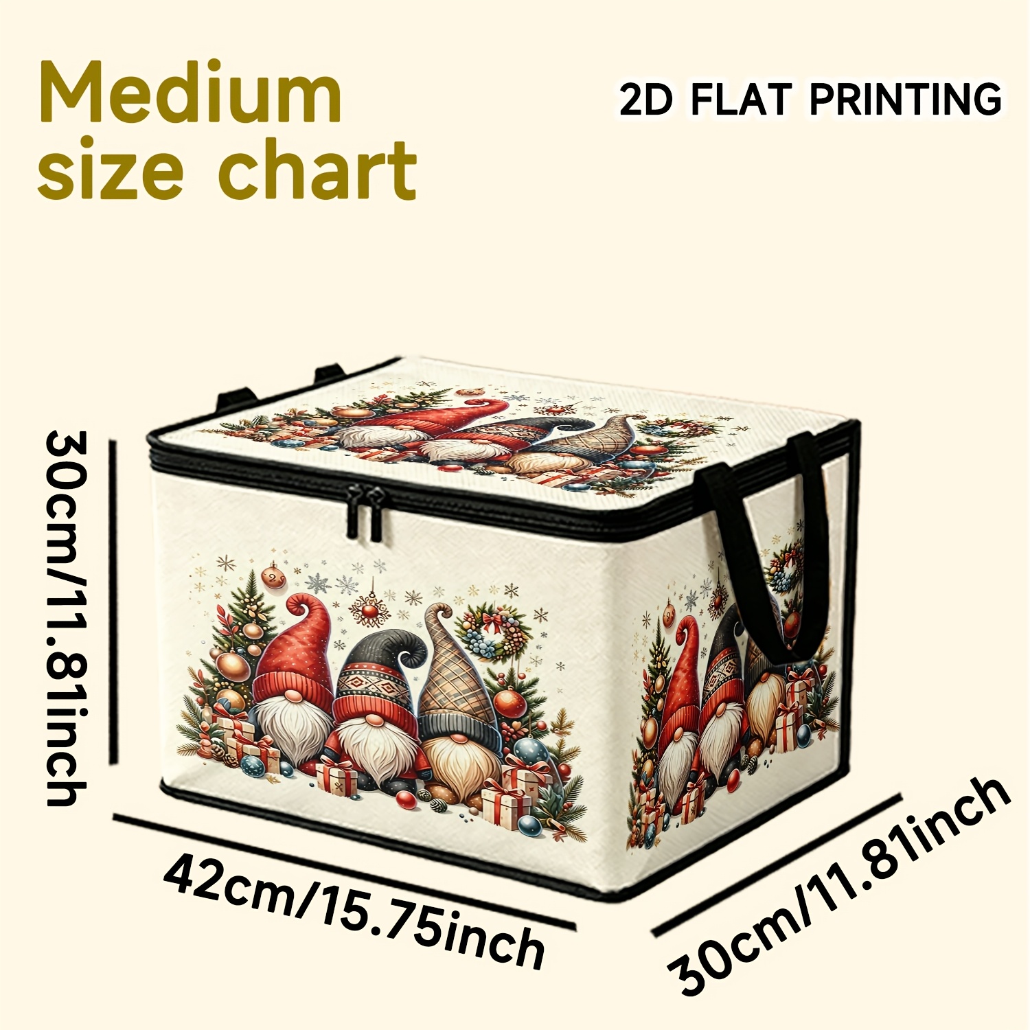 TEMU 1pc Foldable Christmas Storage Bin With Zipper Closure & Retro Gnome Wreath Print - Fabric Organizer Suitable For Under Bed, Wardrobe, Holiday