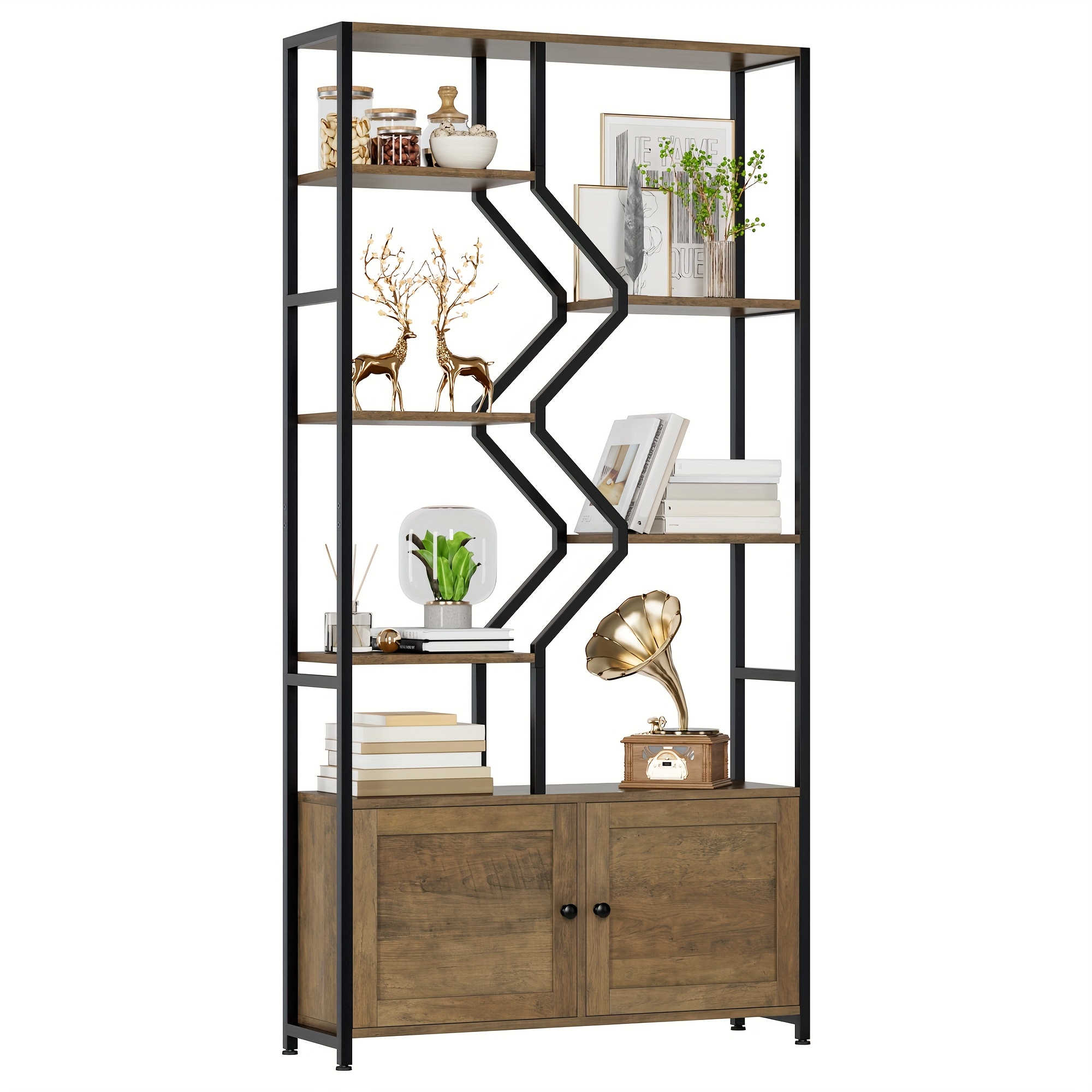 76'' Tall Industrial Bookshelf with Doors, Display Large Bookcase With Storage and Organization Cabinet, Unique Geometric Metal Frame Design, Sturdy Wooden Shelves, Organizer for Library, Living Room, Bedroom, Office, White and Golden/Brown and Black
