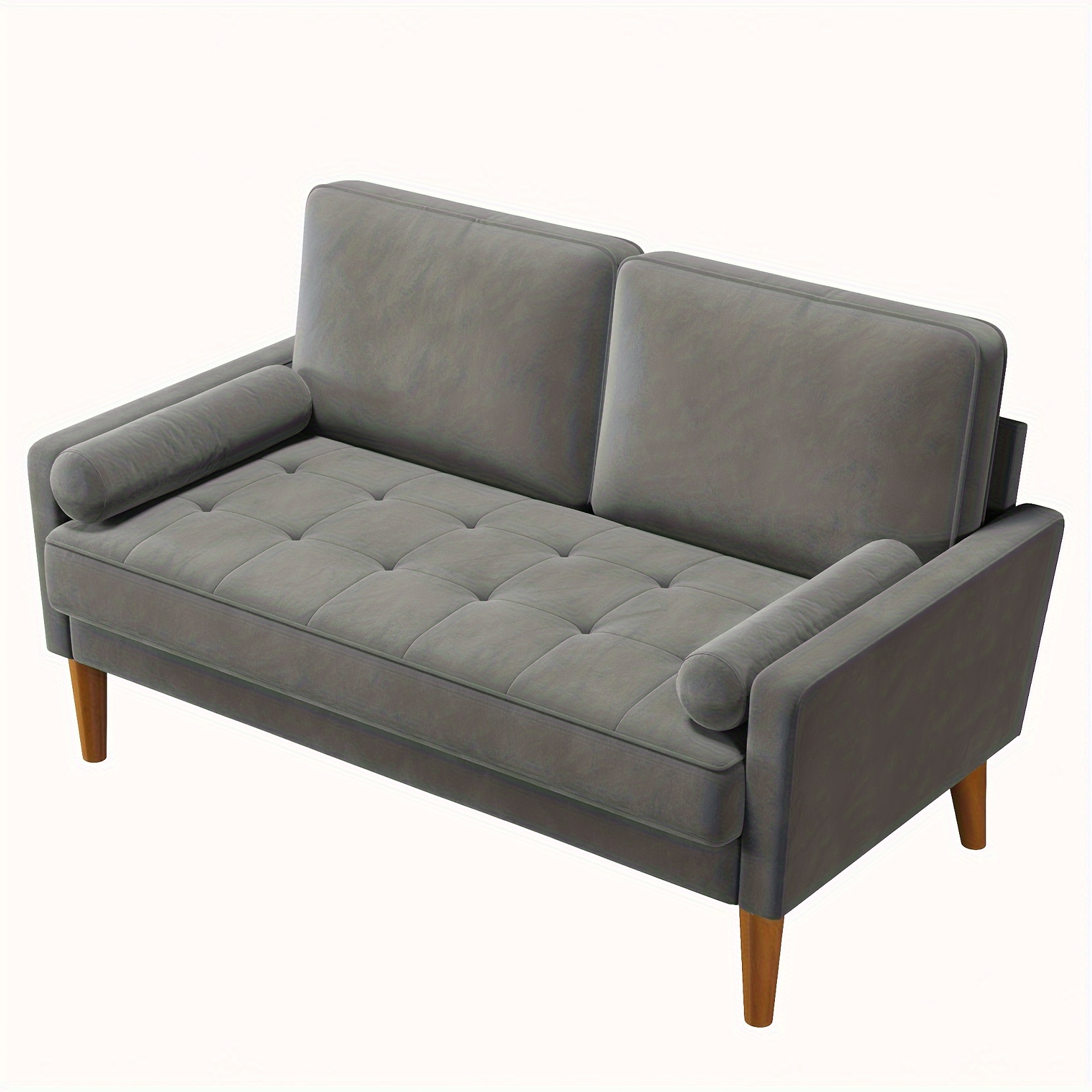 Image of Compact Grey Two-person Couch, 121cm Velvet Sofa Featuring Spring Cushions, Mini Bedroom Sofa With Armrests, Room Loveseat, Stationary Two-seater Loveseat, Grey Loveseat