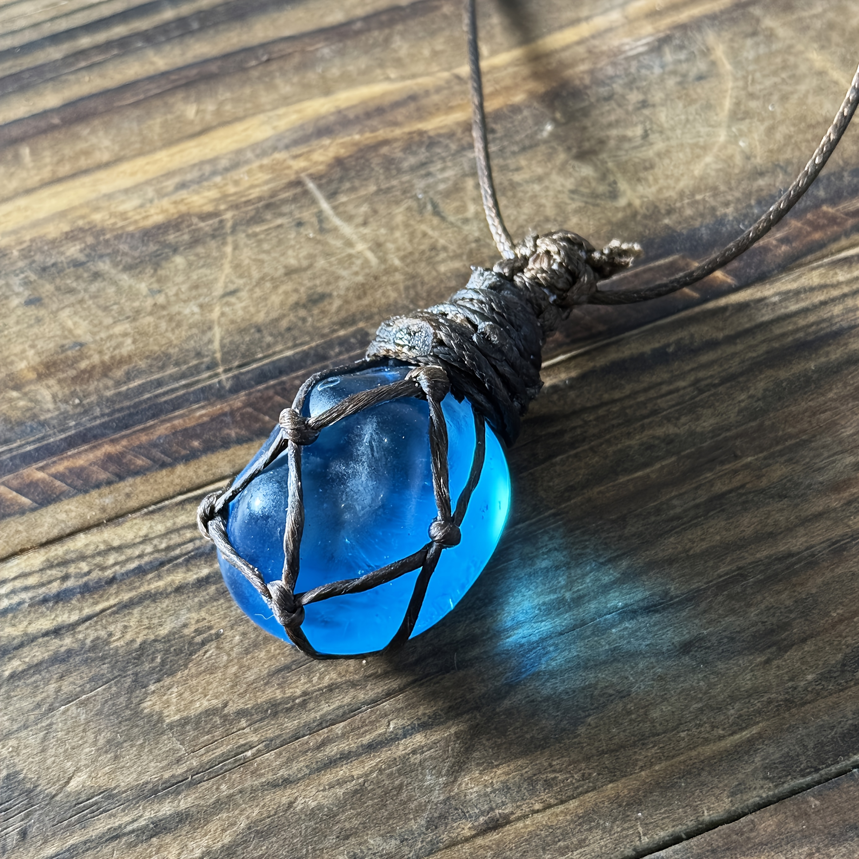 Handmade Vintage Natural Blue Glazed Pebble Pendant Necklace