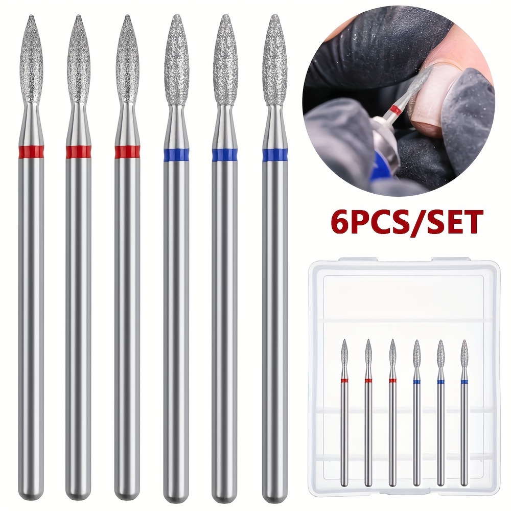 

6-piece Diamond Cuticle Drill Bit Set With Case - Professional Manicure Tools, 3/32" Flame Design For Precise Nail Care At Home Or Salon