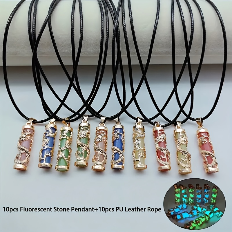 TEMU 20pcs Luminous Necklace Jewelry Set, 10pcs Glow In The Pillar Pendants With 10pcs Adjustable Necklace Cord, Golden Plated Alloy Dragon Column