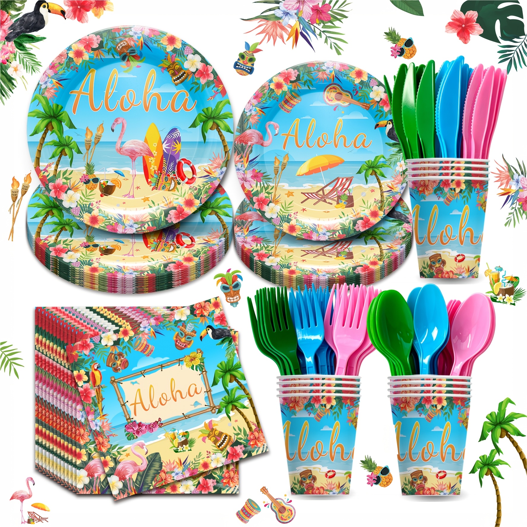 TEMU 168pcs Party Decorations Supplies, Luau Tropical Birthday Party Plates, Summer Beach Holiday Party Paper Plates, Napkins, Cups, Tableware Set,