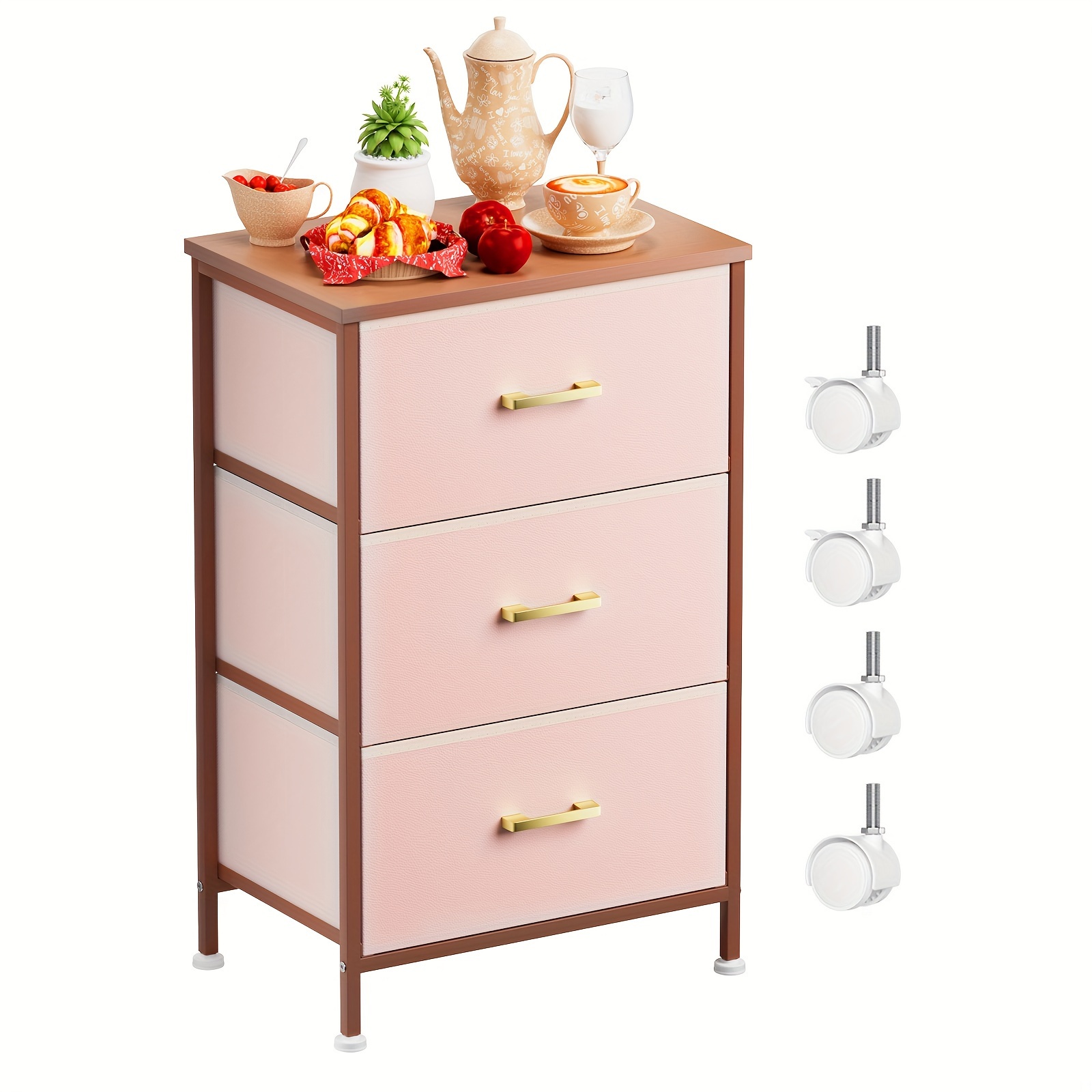 

Nightstand, Small Dresser For Bedroom, End Table With 3 Drawer, Leather Finish Pink Night Stand