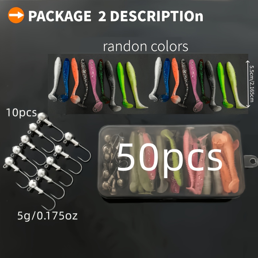 TEMU 50pcs Soft , 10pcs 3.5g/5.5g Lead Head Hooks + 40pcs Threaded Tails - Random Colors, Worm Root Lures Rigging And Catfish Mini Bio Baits