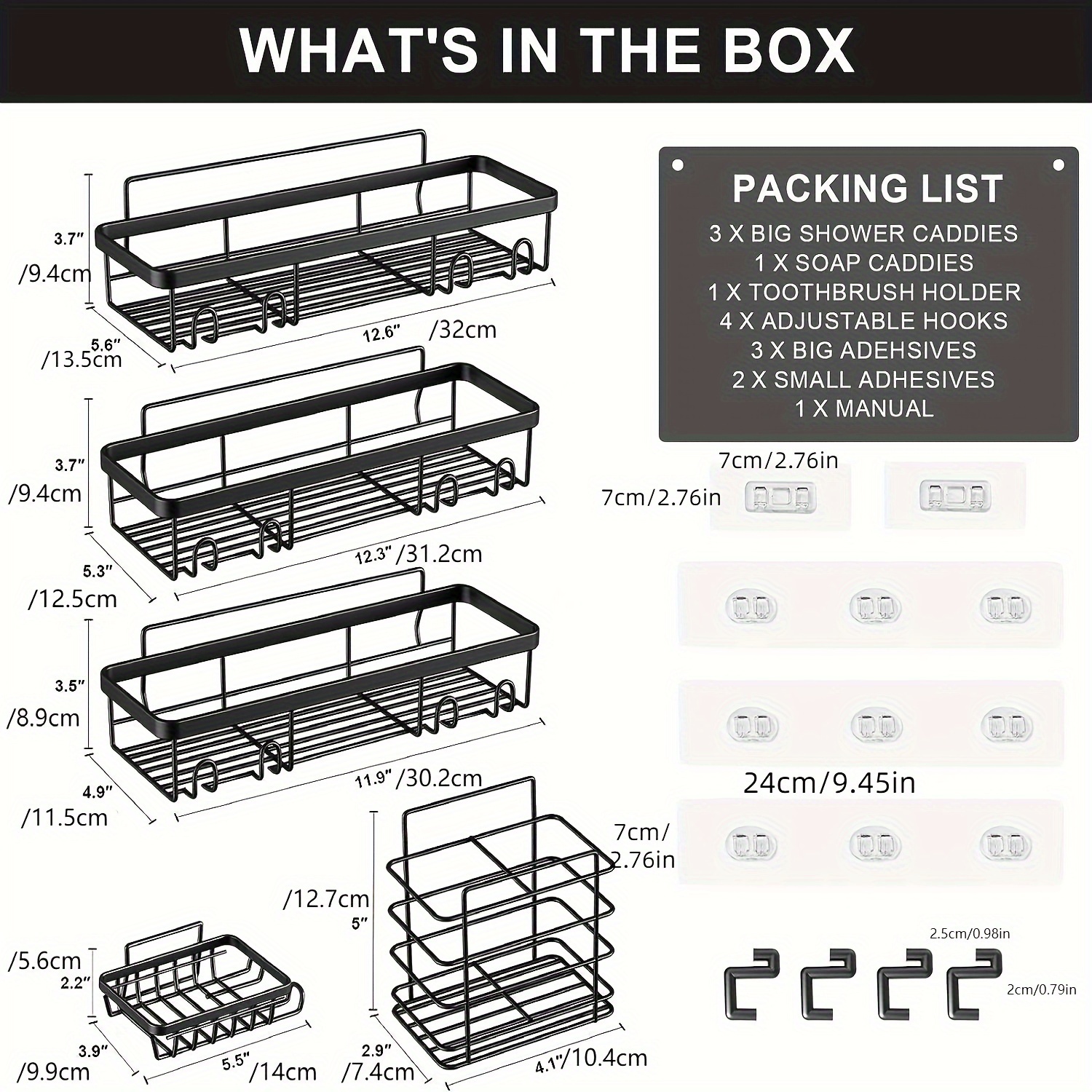 1 Pezzo Organizer per doccia a caddy nero aggiornato, ripiano da parete senza fori per riporre doccia per bagno e cucina con porta attrezzi doccia, accessori bagno, organizzatore e contenore per il