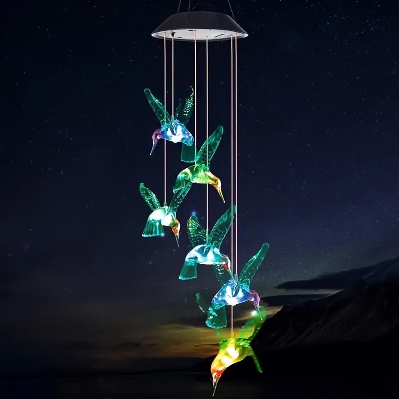   powered hummingbird wind chime featuring outdoor decor with led lights that change colors   a   birthday present for mothers and grandmothers its   hanging in gardens patios yards