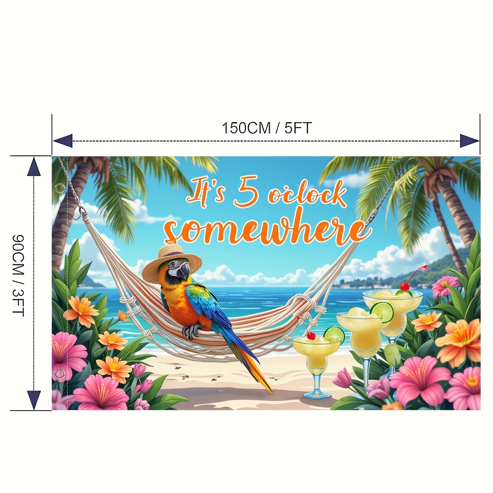 TEMU Drapeau de plage d'été à imprimé plat 2D, design de perroquet à 5 heures, décoration extérieure en polyester avec palmier, hamac et boissons ,