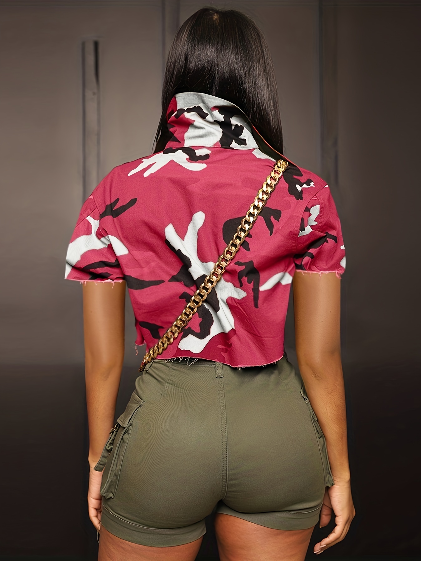 womens casual camo print short jacket large pockets lapel Temu