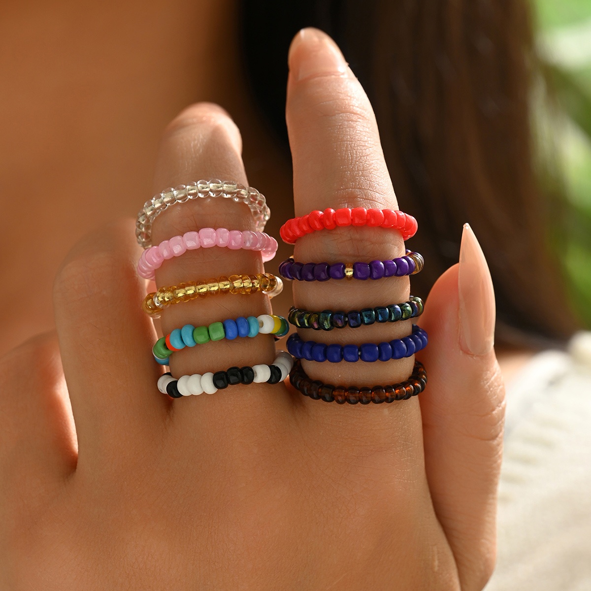 10pcs Boho Style Colorful Beaded Stretch Rings Set