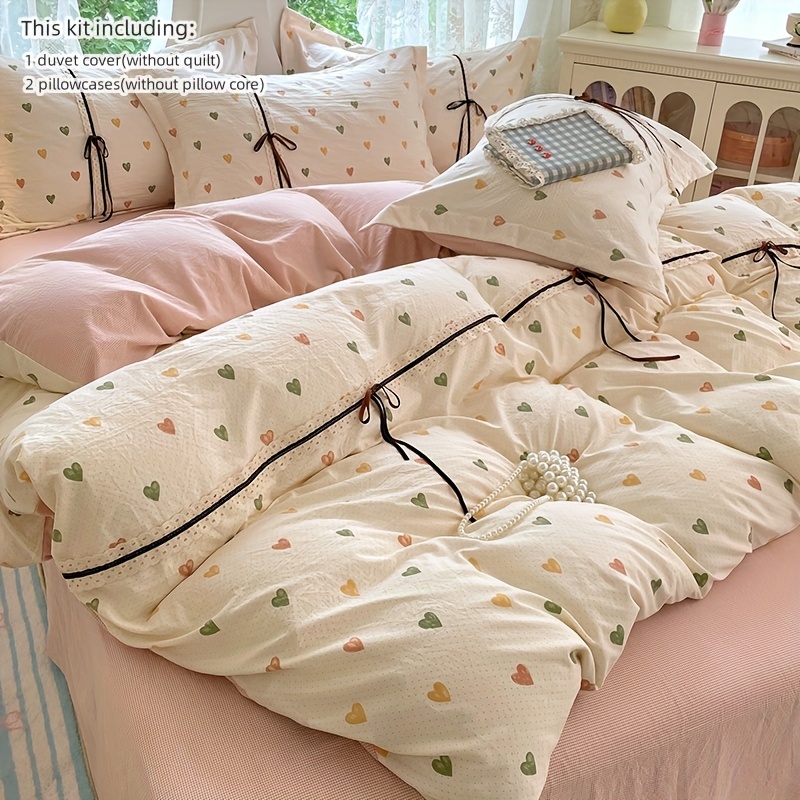 TEMU Ensemble de literie décoratif 3 pièces avec nœuds en dentelle imprimés de cœur, incluant 1 housse de couette et 2 taies d'oreiller ( matelas),