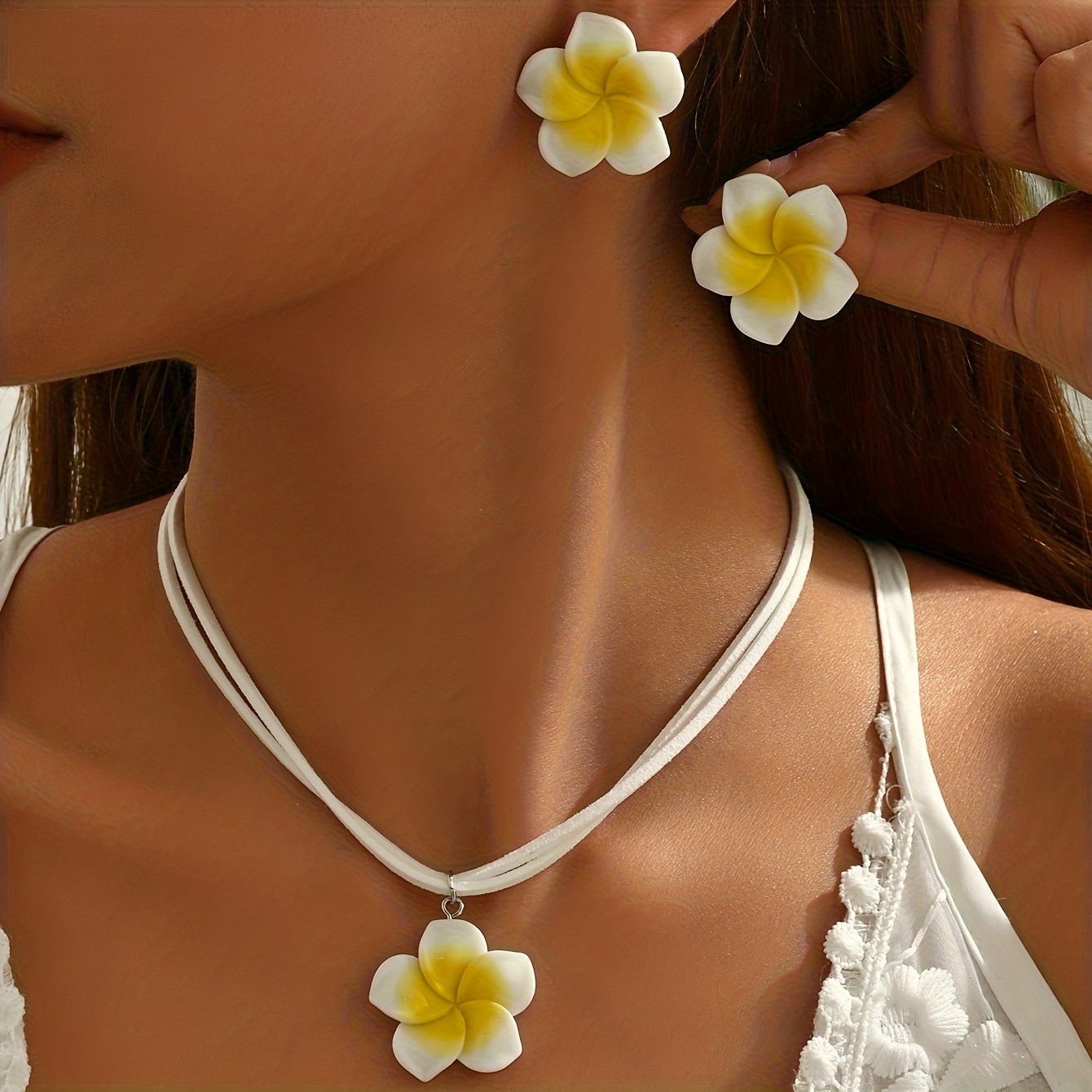 TEMU Set de 3 piezas de aretes y collar bohemio chic versátil y romántico con colgante de flor de en colores para uso diario y ocasiones festivas de