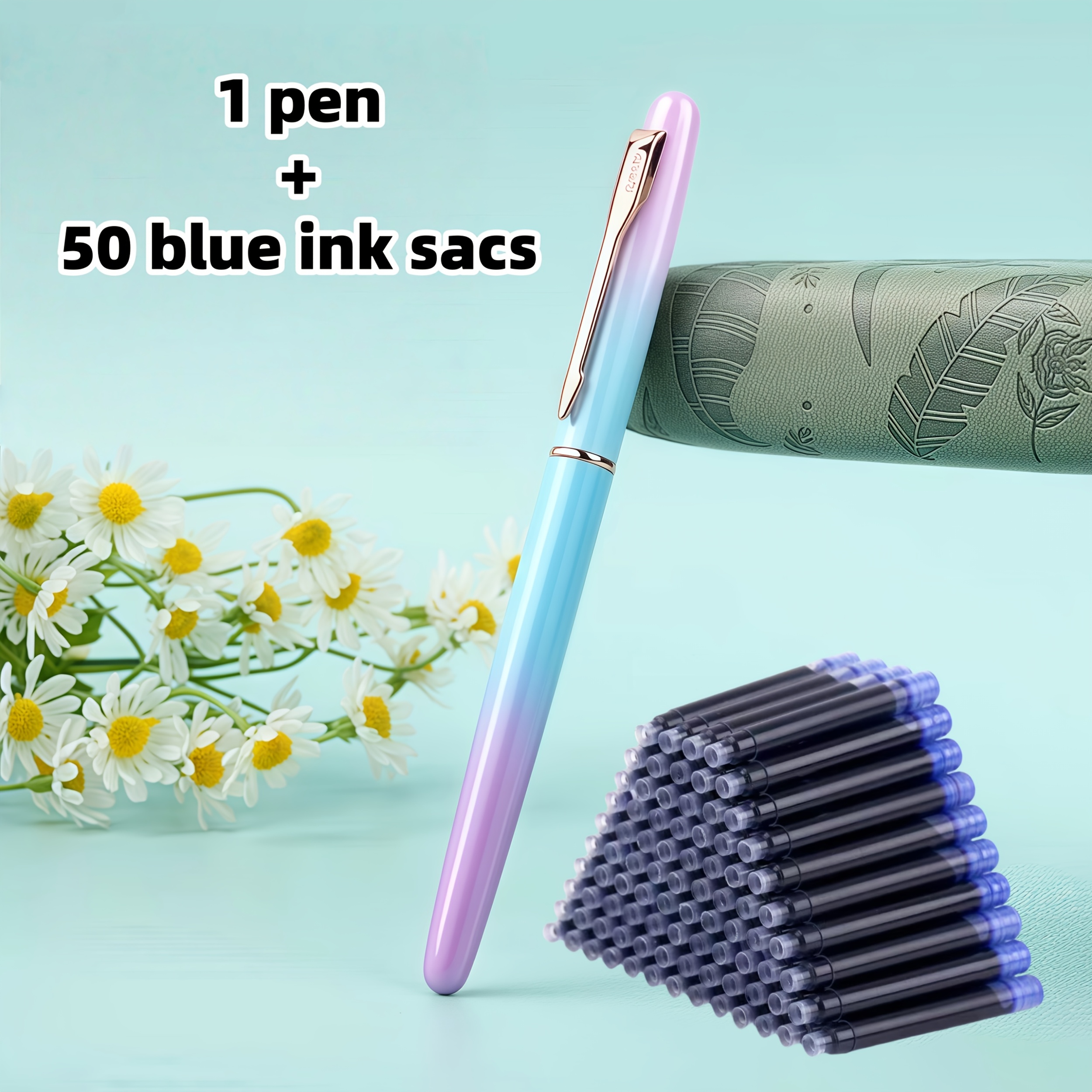 Image of 1+50pcs Set/(1 Fountain Pen + 50 Replacement Ink Cartridges) Gradient Color Metal Fountain Pen, Smooth Writing, Ideal For Daily Writing, School, Office, Business , Etc., An For Holiday Gifts