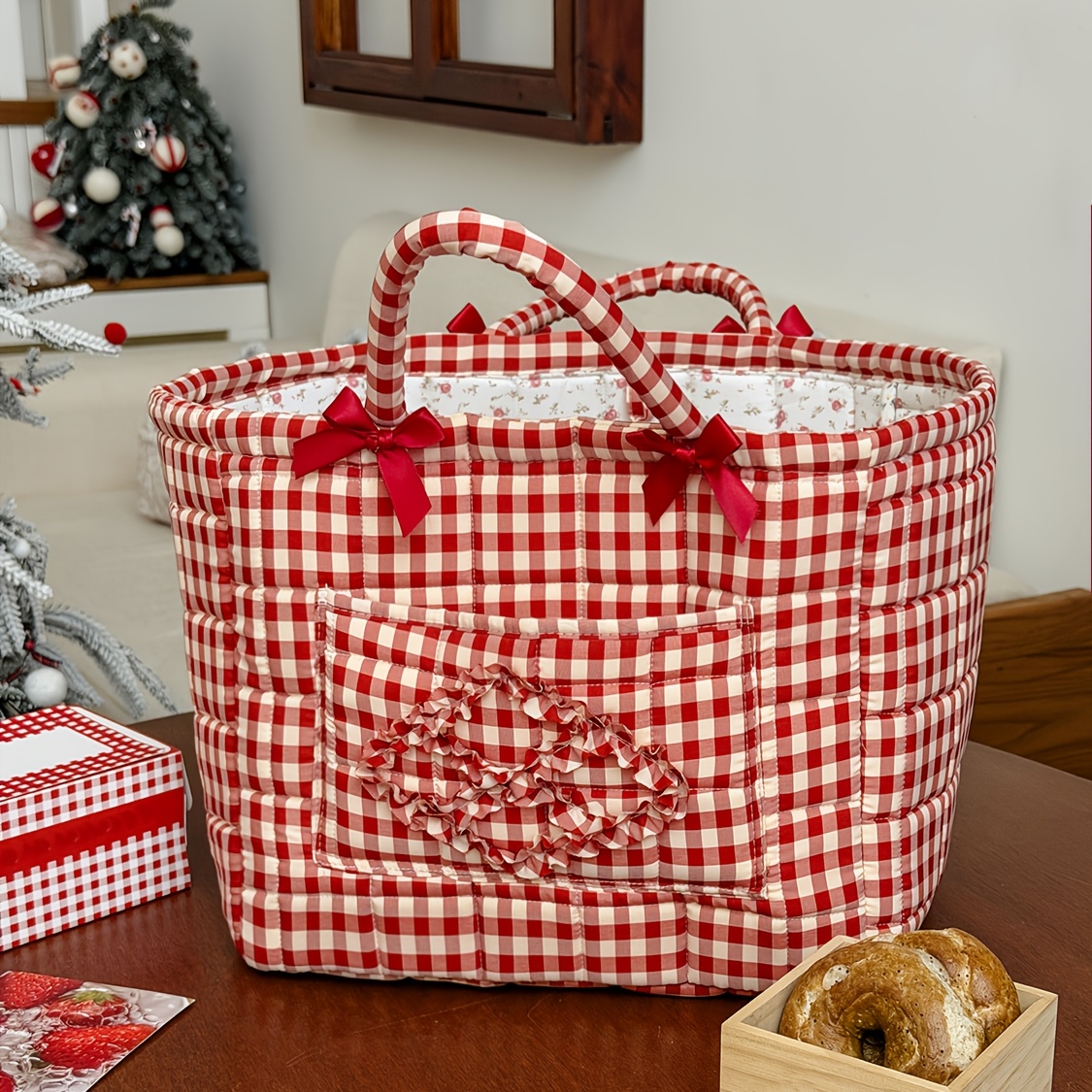 Image of Handheld Quilted Storage Basket With Red Checkered Pattern And Bow Decoration, Large Capacity, Practical Organizer For Home And Car, Ideal For Storing Clothing And Daily Essentials