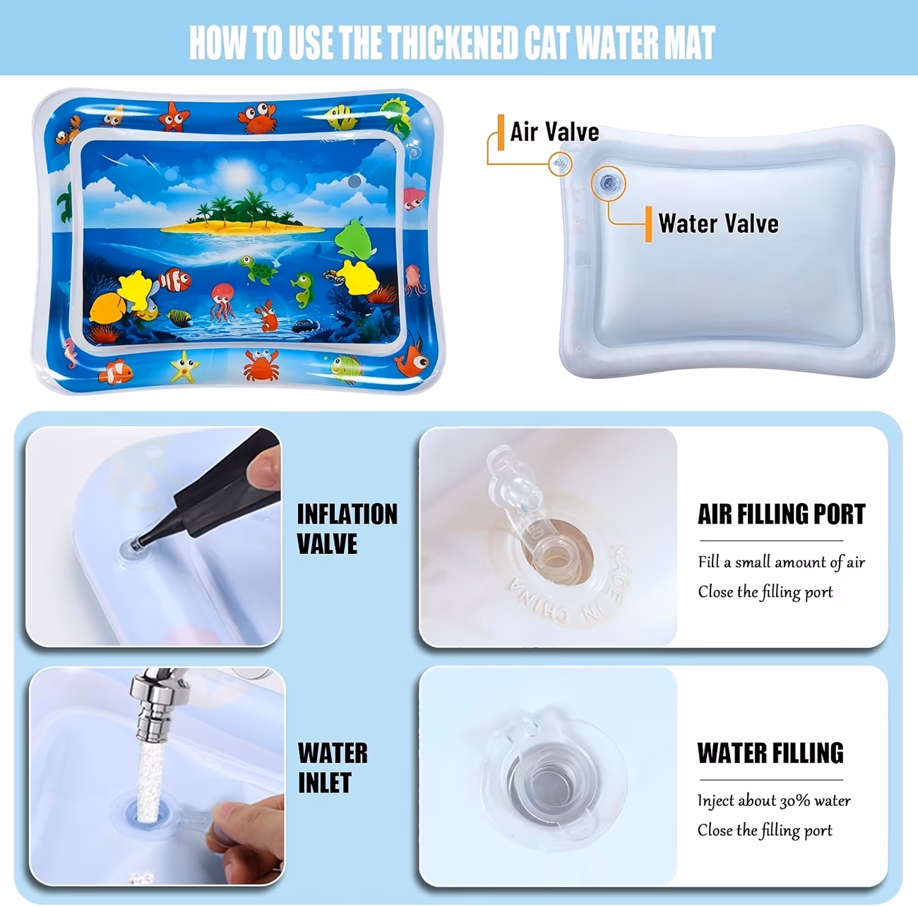 cat water mat with fish thickened sensory water play mat toy scratch resistant pvc water play mat summer cooling interactive for cats and kittens indoor pet water bed play mat without battery Product details 1
